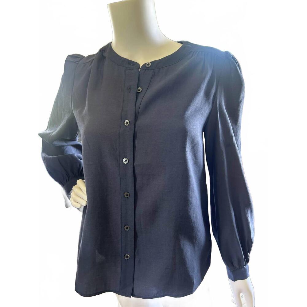 NEW CURRENT AIR women's round neck long sleeve blouse button down in slate navy